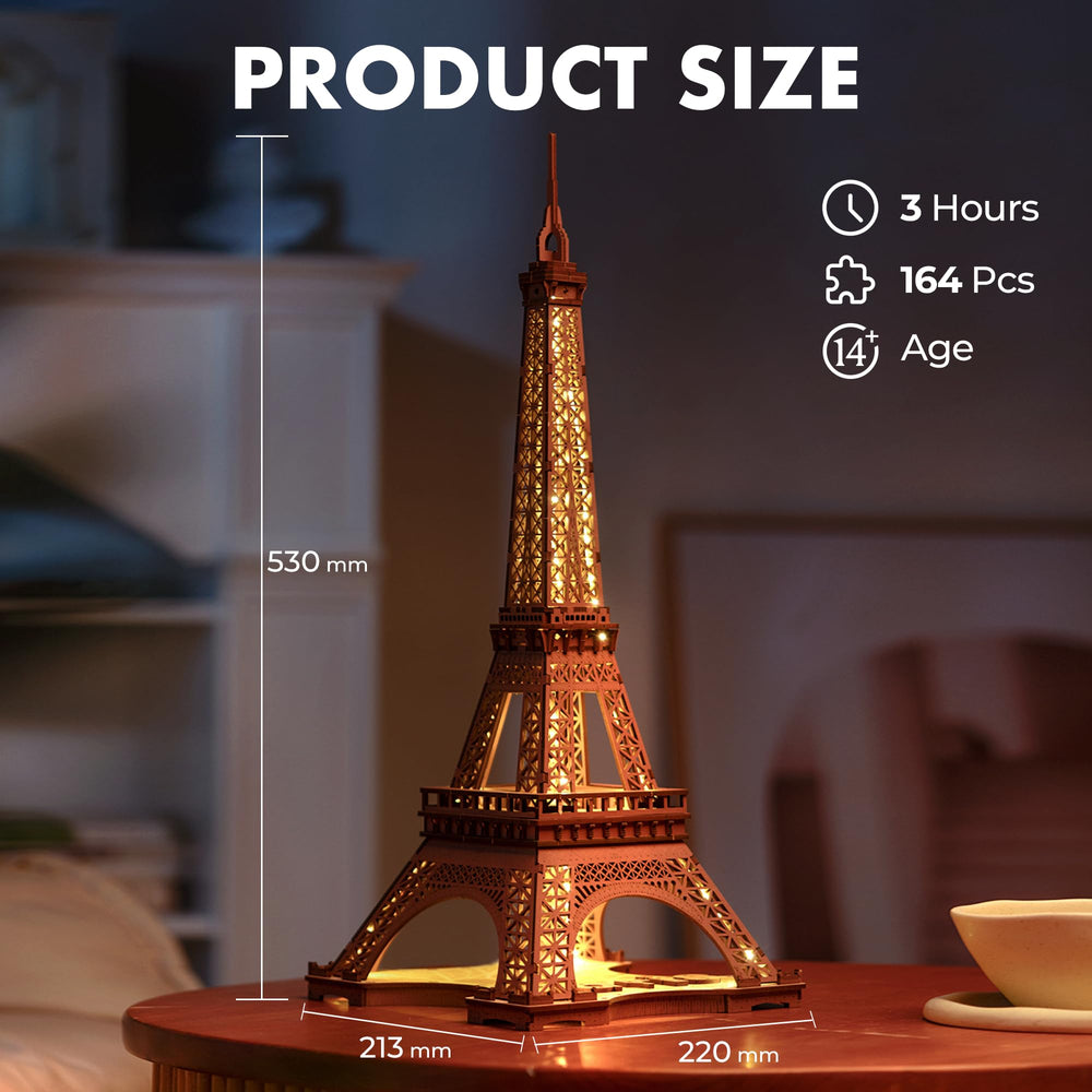 Robotime Eiffel Tower fits on your shelf as an eye-catching display.