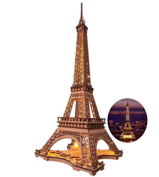 Robotime Eiffel Tower puzzle with LED light for elegant desk display.