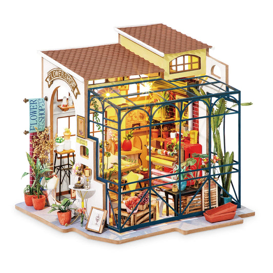 Robotime Emily's Flower Shop dollhouse front view for charming display and collection