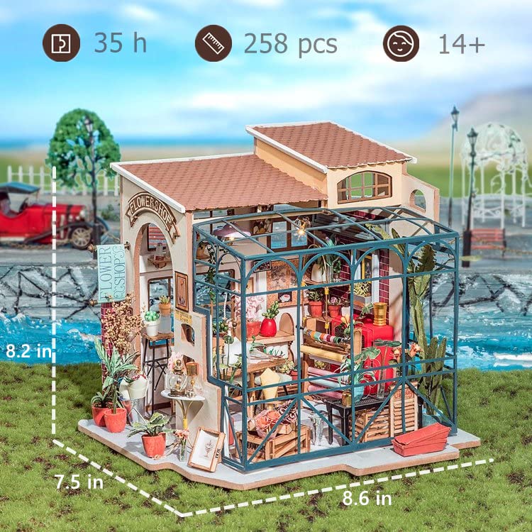 Robotime Emily's Flower Shop dollhouse with numbered parts simplifies assembly for beginners
