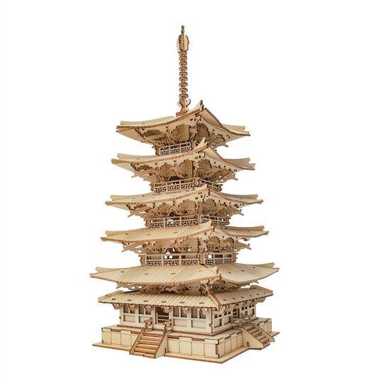 ROBOTIME Five-Storied Pagoda puzzle front view with precise laser-cut pieces for display