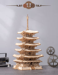 ROBOTIME Five-Storied Pagoda in box emphasizes ready-to-build packaging and contents