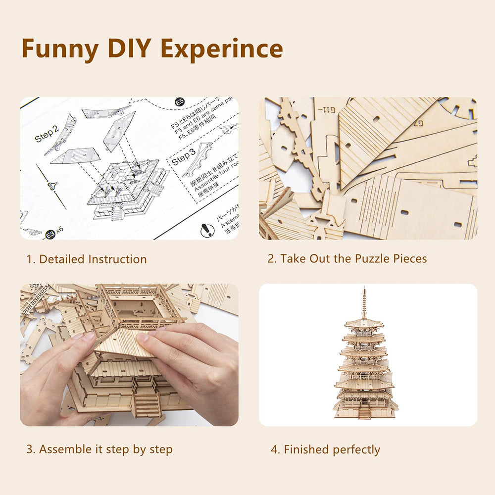 ROBOTIME Pagoda key parts line up for straightforward, enjoyable building