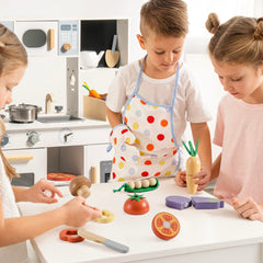 ROBOTIME child playing in a kitchen with wooden food set.