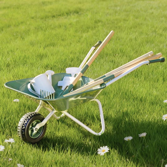 Robotime kids wheelbarrow green with gardening set for imaginative outdoor play and learning.