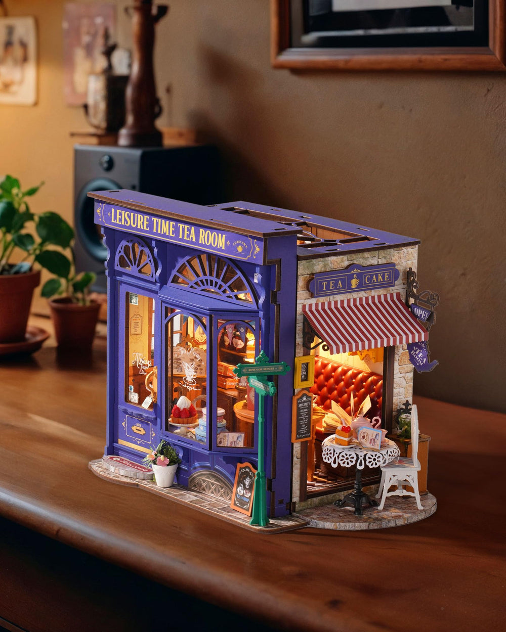 Robotime leisure time tea room display evokes cozy storytelling for shelves and desks.