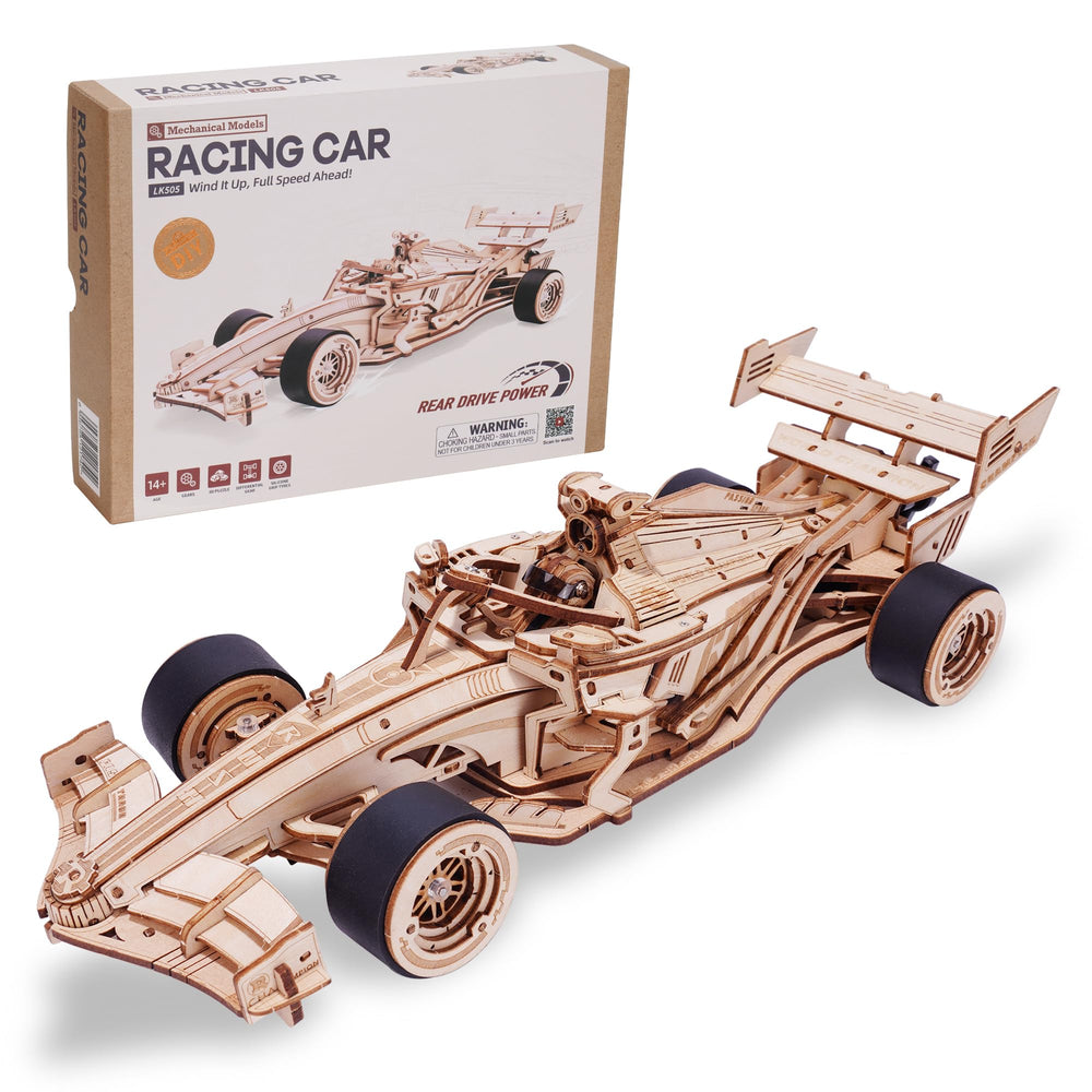 ROBOTIME LK505 racing car parts laid out for easy assembly and planning.
