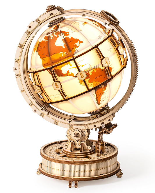ROBOTIME Luminous Globe ST003 assembly process highlights precise mortise and tenon fit.