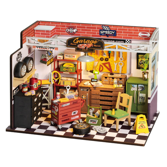 ROBOTIME Miniature Garage Workshop kit assembly showing precise parts for easy construction