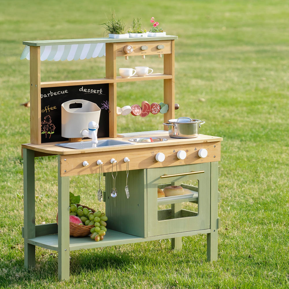 ROBOTIME Mud Kitchen backyard storage helps keep tools and accessories organized.