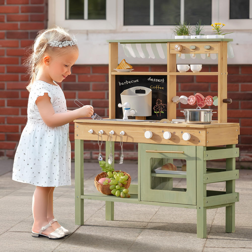 ROBOTIME Mud Kitchen child playing setup showcases open-ended imagination.