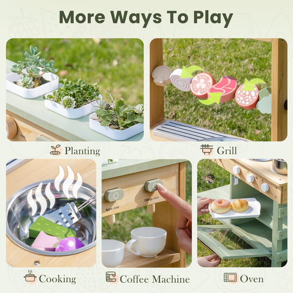 ROBOTIME Mud Kitchen oven supports imaginative baking and pretend cooking sessions.