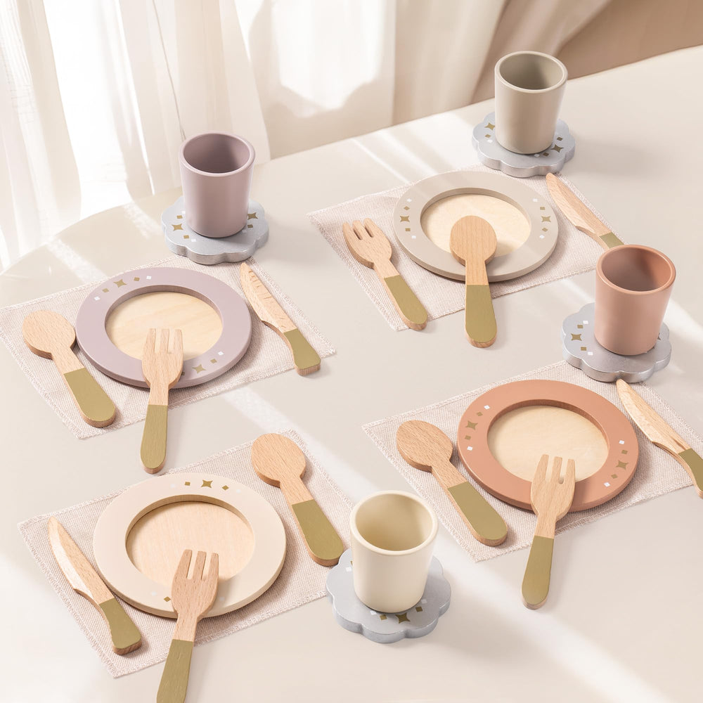 ROBOTIME play kitchen dishes set plates for pretend meals and family fun