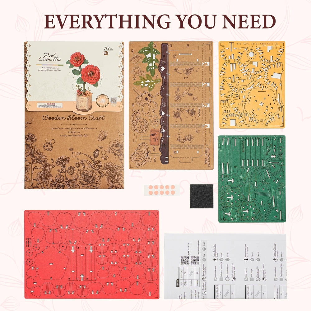 ROBOTIME finished wooden Camellia on display setup for home or office