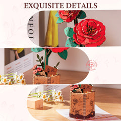 ROBOTIME finished Red Camellia bouquet displayed on a desk for decor