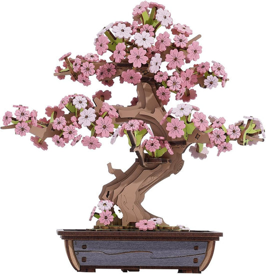 Robotime Sakura Bonsai Tree Assembly shows precise wooden pieces for a satisfying build.