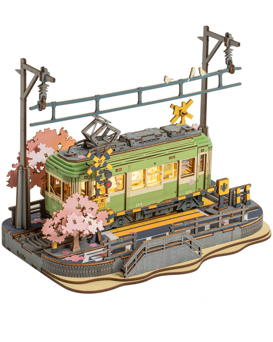 ROBOTIME Sakura Journey tram diorama assembly enhances engaging creativity for adults