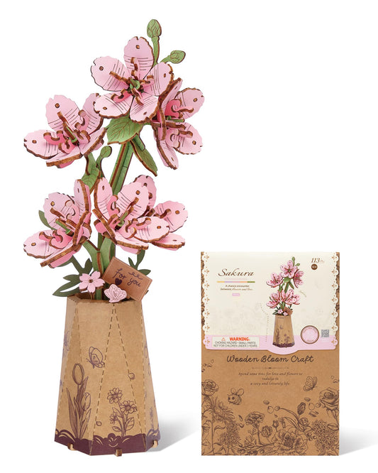ROBOTIME Sakura 3D Puzzle bloom closeup for mindful, relaxing crafting.