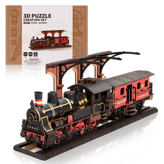 Robotime Steam Journey train puzzle—detailed wooden replica for display and conversation starters.