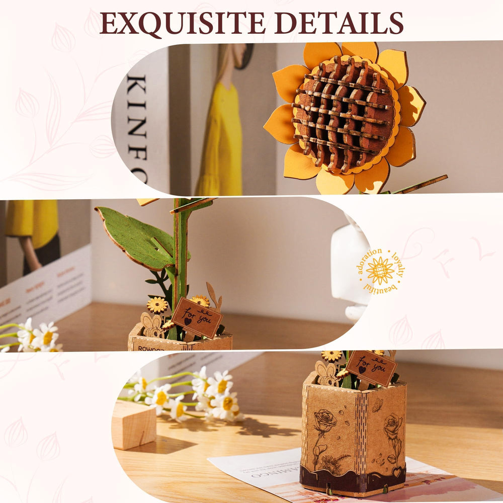 ROBOTIME Sunflower 3D puzzle detailed wood texture for display.