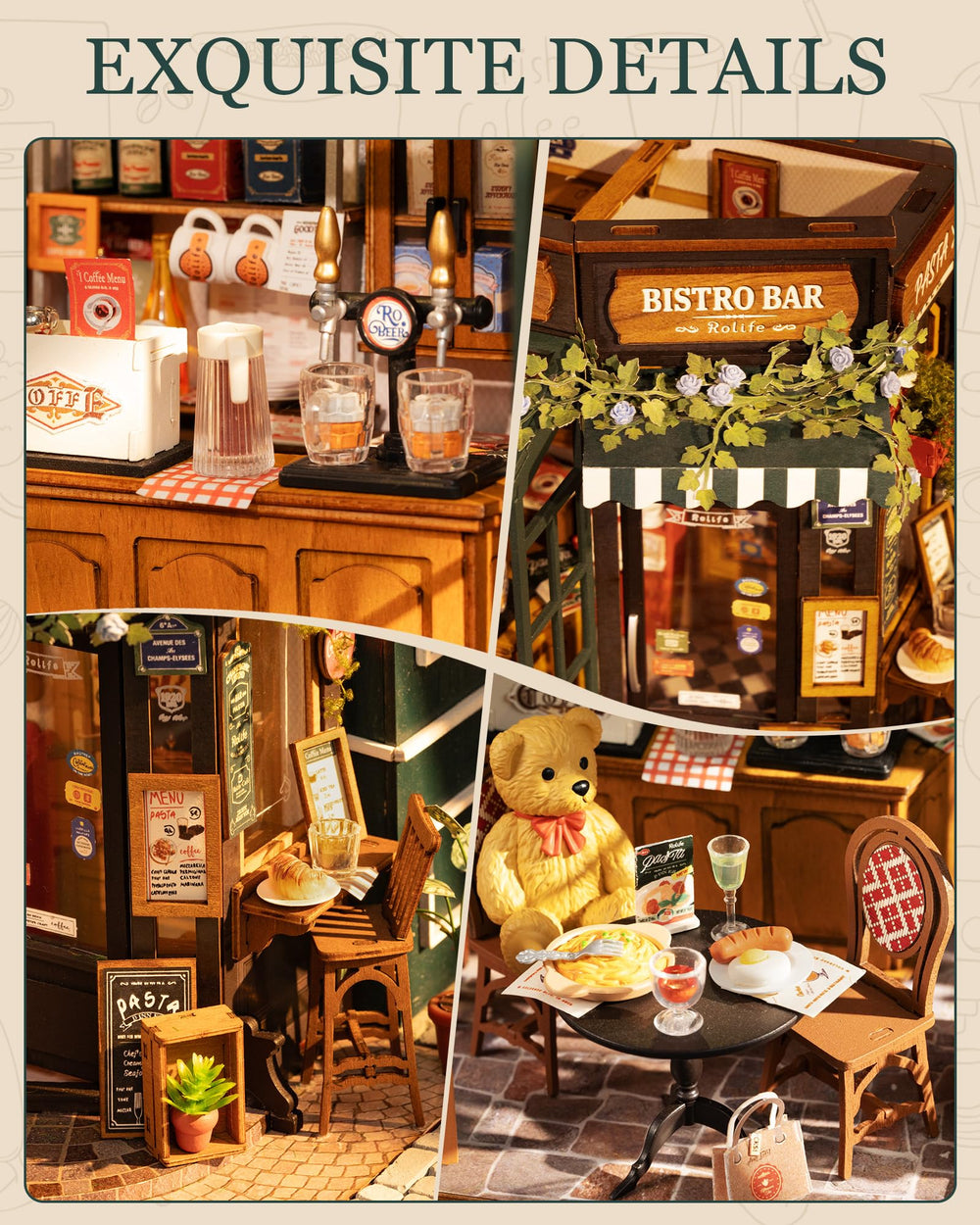 ROBOTIME Tipsy Restaurant LED lighting adds realism and atmosphere