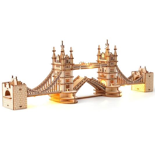 ROBOTIME Tower Bridge LED puzzle during assembly, ideal for desk decor and focus.