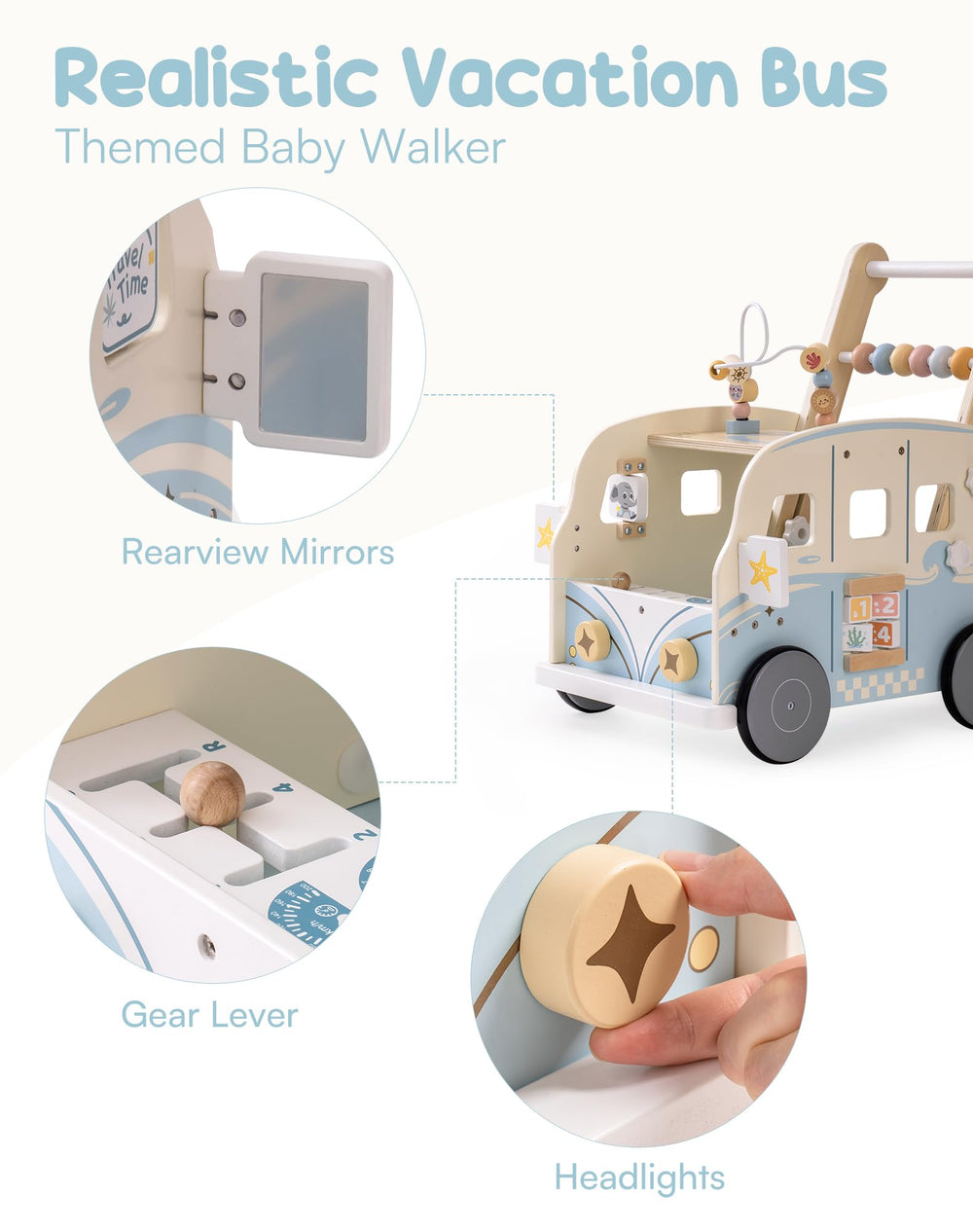 Robotime Vacation Bus Walker rearview mirror detail emphasizes imaginative role play