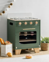 Robotime vintage green oven front view showcases retro styling and metal handles.