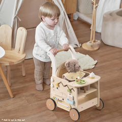 Robotime wooden baby walker with doll stroller feature supports imaginative role-play.