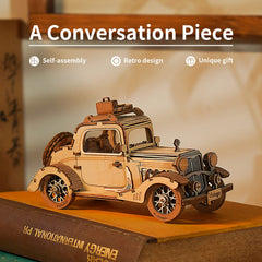 ROBOTIME wooden car model parts laid out for precise, enjoyable assembly.