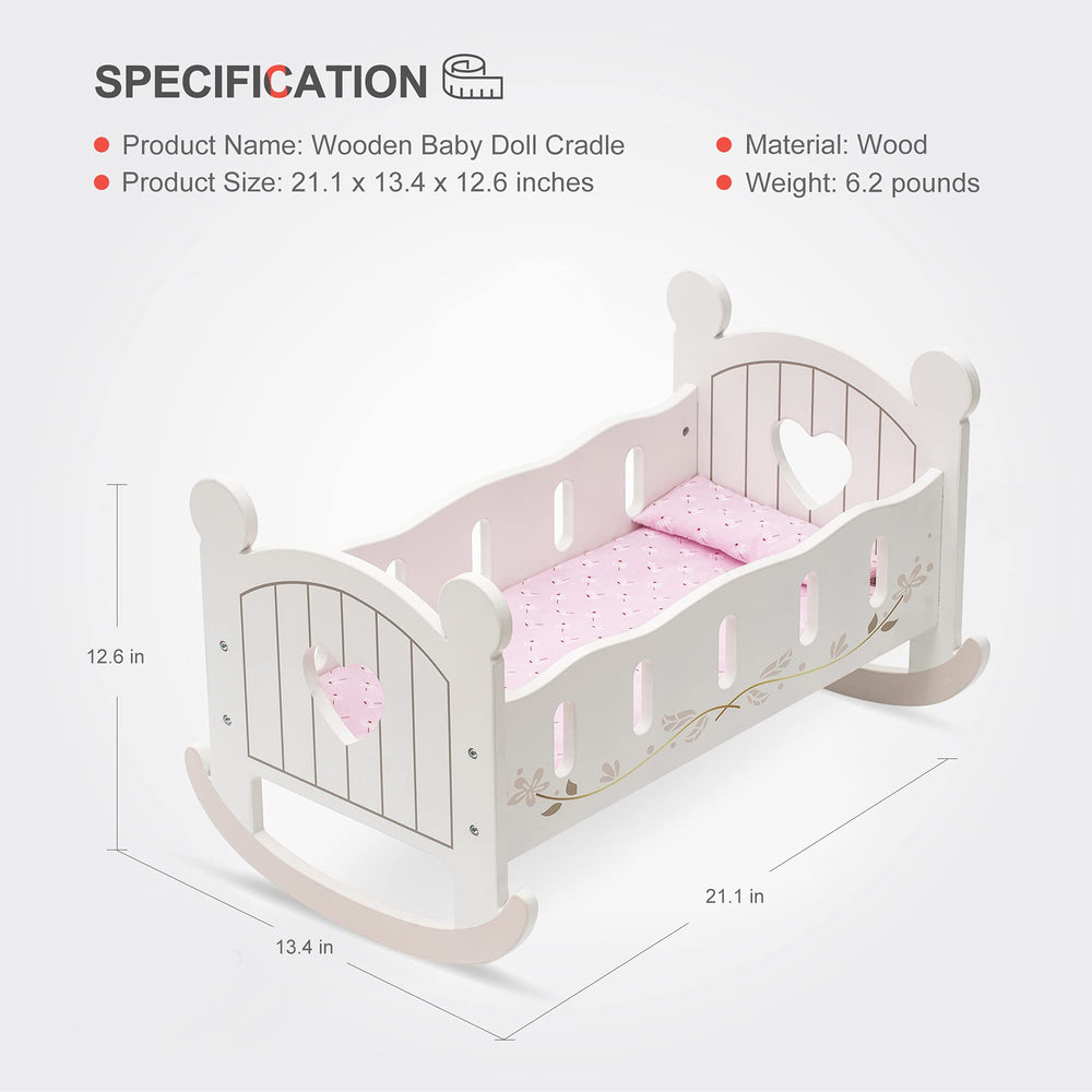 Robotime wooden doll cradle bed set with pillow quilt and sheet included.