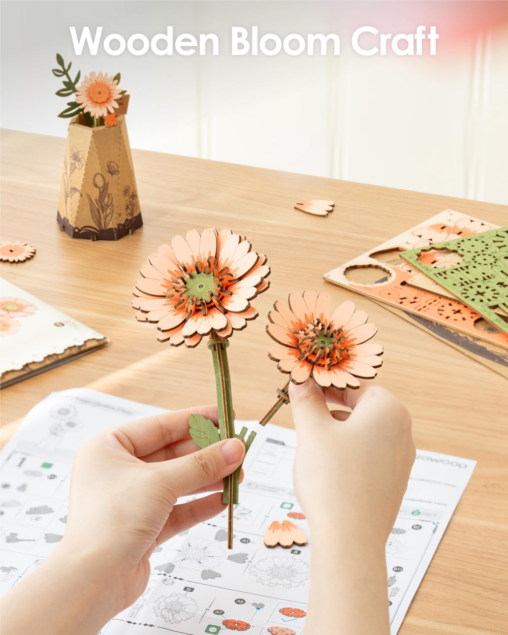 ROBOTIME wooden flower puzzle gerbera daisy showcases durable, eco-friendly materials.