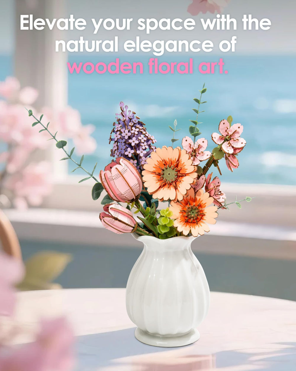ROBOTIME wooden flowers bouquet display adds sophisticated home decor.