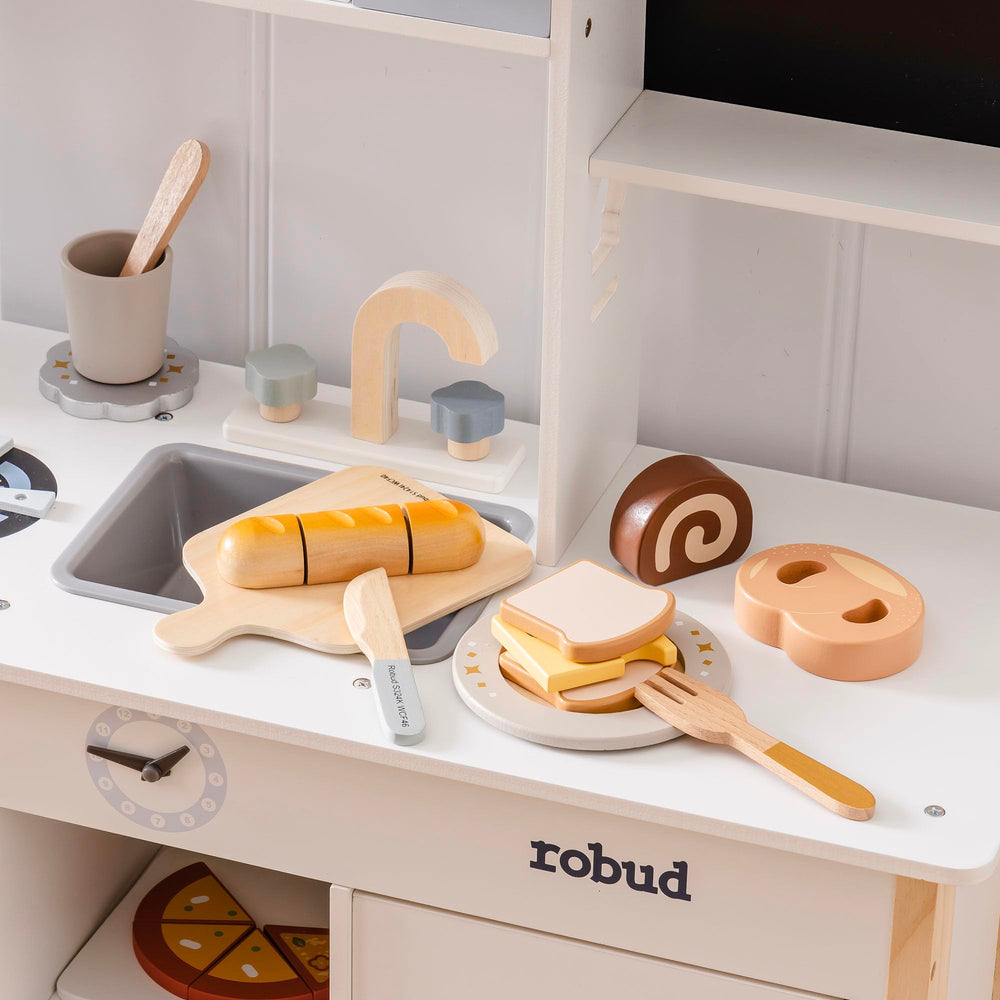 ROBOTIME wooden meat and eggs offer versatile pretend meals and creative cooking exploration.