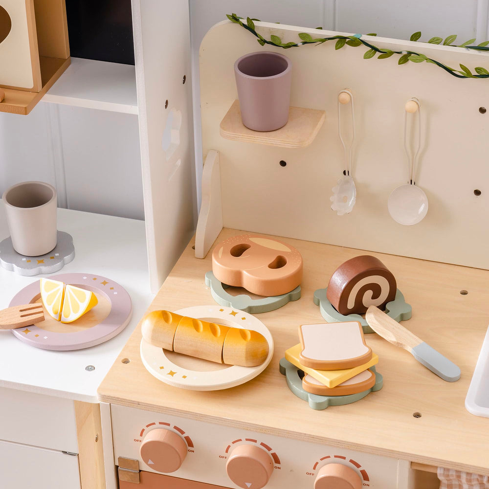ROBOTIME wooden play food collection demonstrates organized storage and clean-up convenience.
