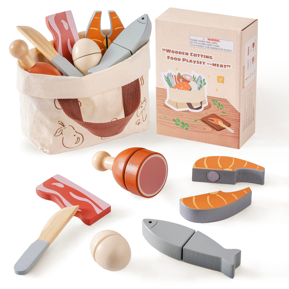ROBOTIME wooden cutting play food with meat and eggs for imaginative cooking pretend play