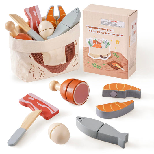 ROBOTIME wooden cutting play food with meat and eggs for imaginative cooking pretend play