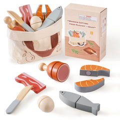 ROBOTIME wooden cutting play food with meat and eggs for imaginative cooking pretend play