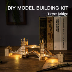 ROBOTIME wooden puzzle Tower Bridge model highlights laser-cut precision for display.