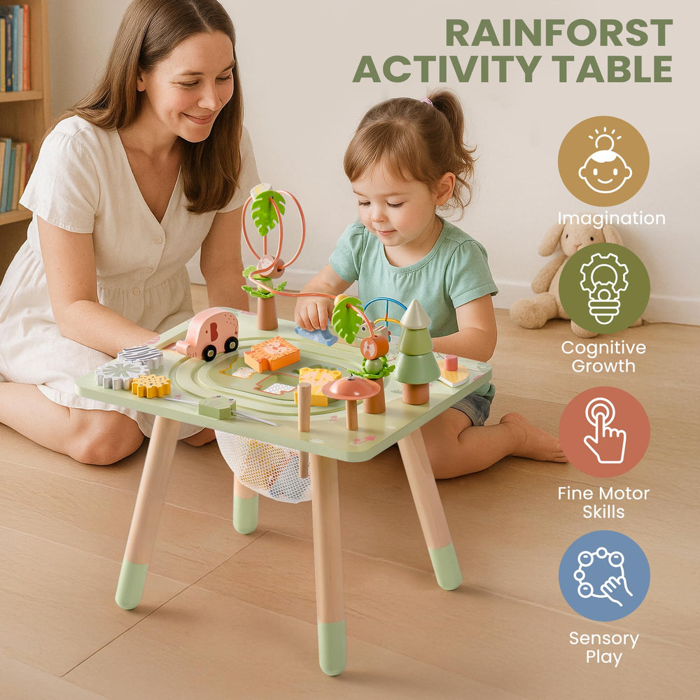 ROBUD Activity Table rainforest colors stimulate visual recognition and bright playtime.