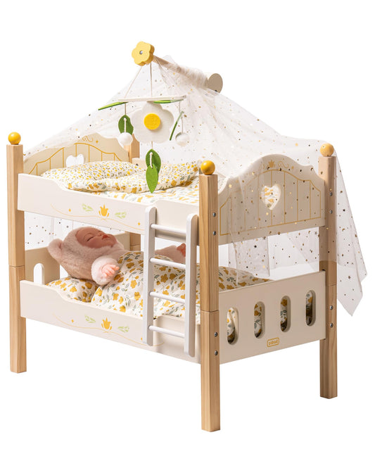 ROBUD wooden baby doll bed overview highlighting sturdy construction for lasting play.