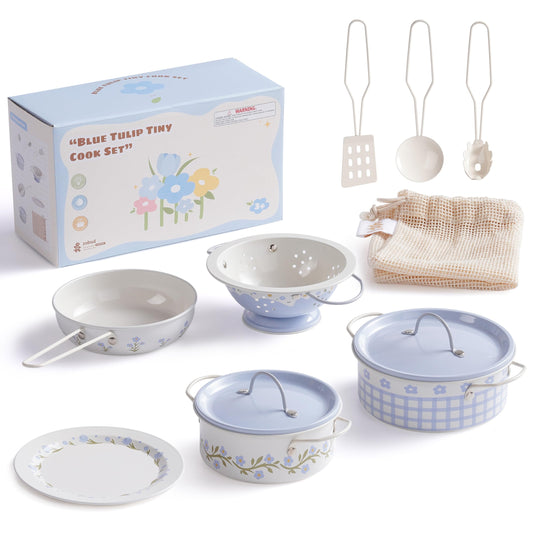 ROBUD Cream Blue Pots and Pans set, kid-friendly design for imaginative play and easy grasp.