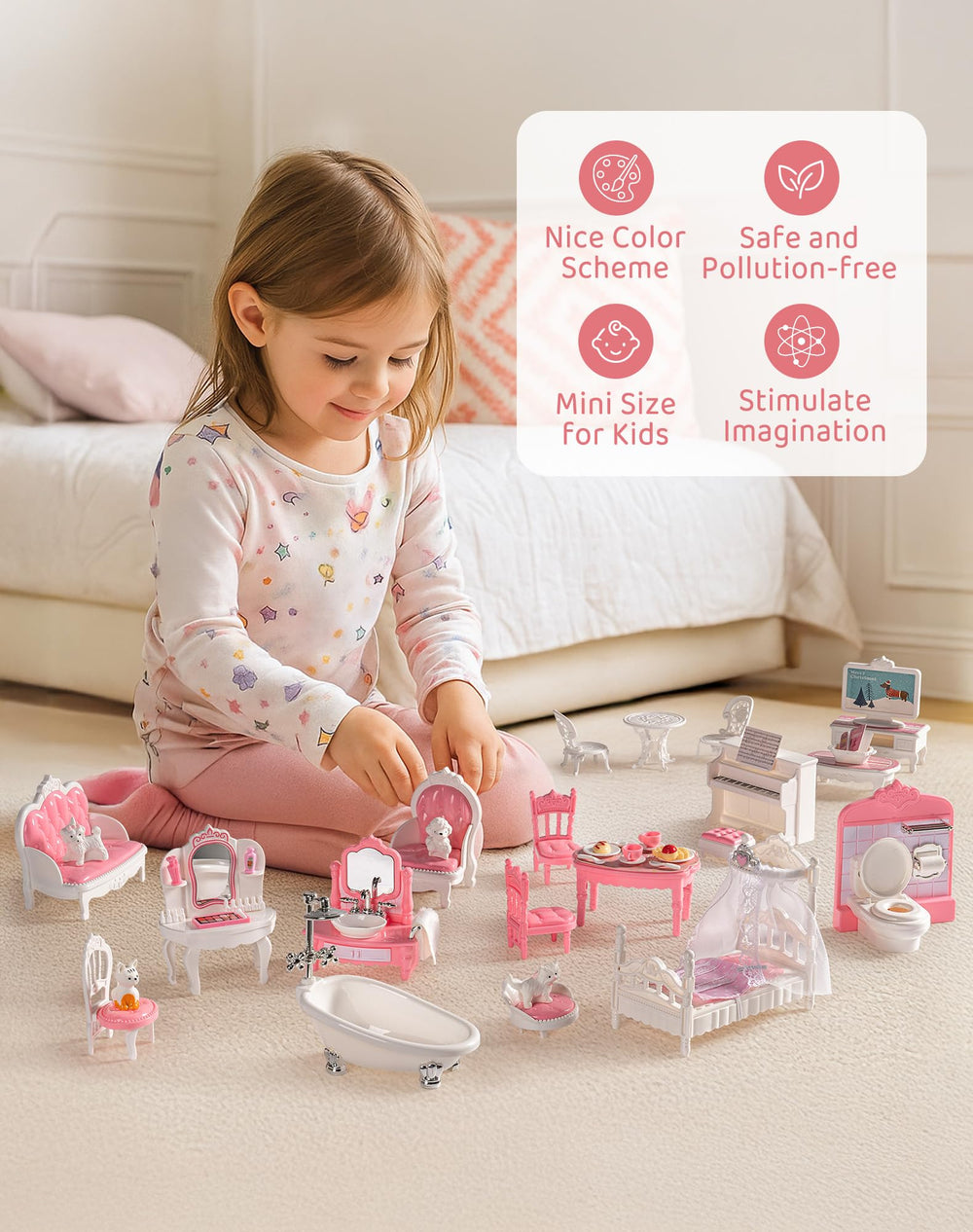 ROBUD dollhouse soft pink color scheme soothes visual focus during play.