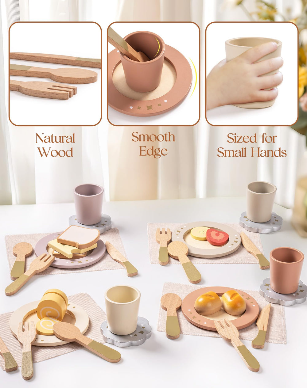 ROBUD 4-set wooden play dishes enables sharing and cooperative play.