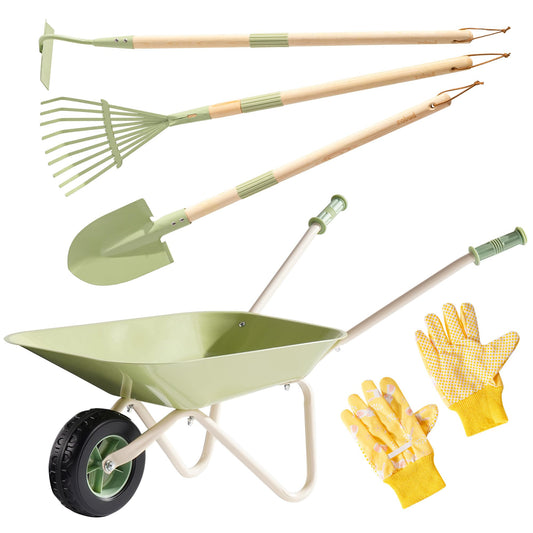 ROBUD Kids Wheelbarrow Set in green metal designed for durable outdoor play.