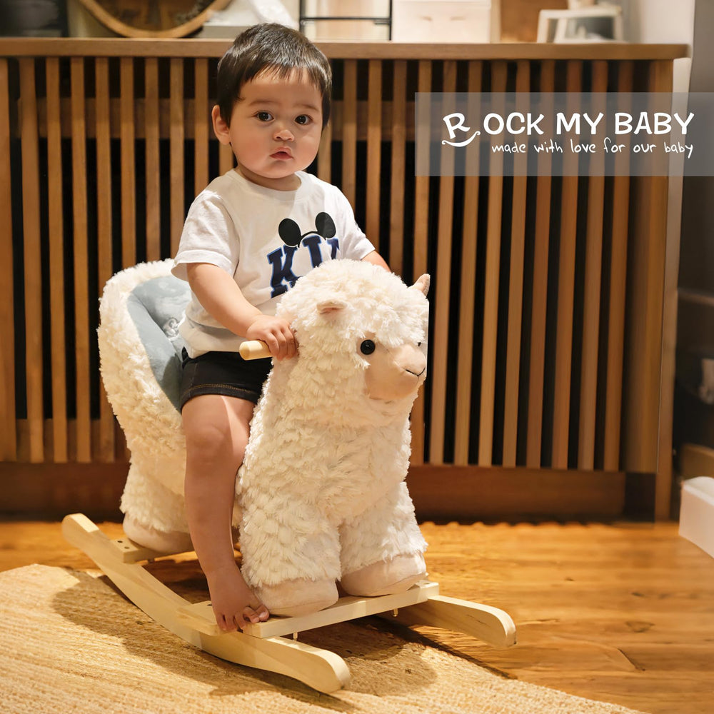 Rock My Baby wooden base rocker highlighting wide stability base for safer rocking.