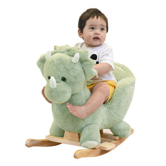 Rock My Baby green dinosaur rocking horse seen from front with soft fabric and safe design.