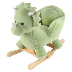 Rock My Baby green dinosaur rocking horse seat emphasizes ergonomic seating for toddlers.