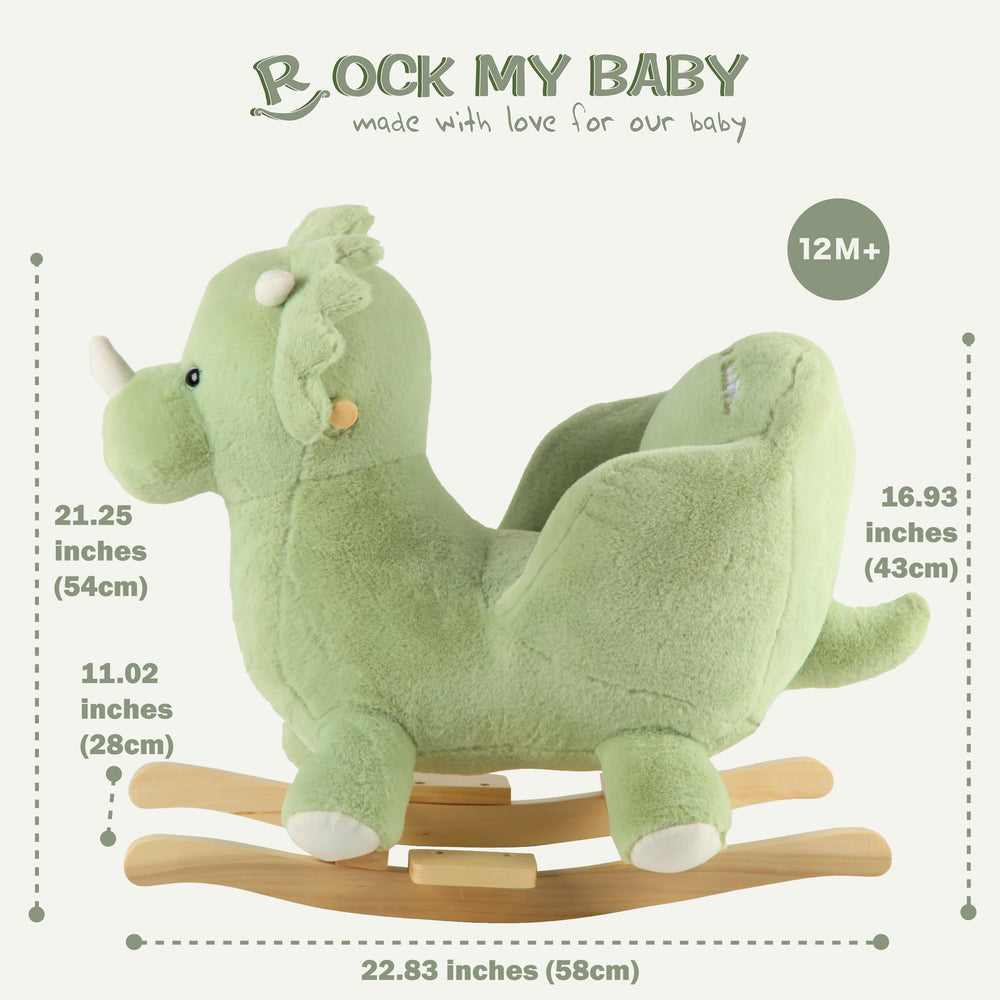 Wood rails and soft fabric provide sturdy, comfortable play on the Rock My Baby rocking horse.