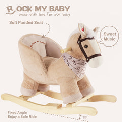 Rock My Baby caramel horse in child-ride pose shows safe, cooperative play.